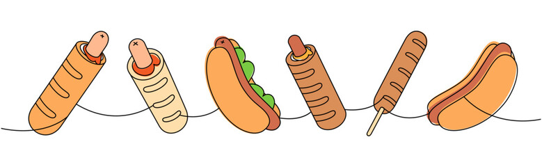 Hot dog set one line colored continuous drawing. Hotdog, French hot dog, corn dog continuous one line illustration. Vector linear illustration.
