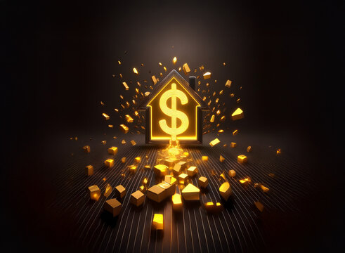 Glowing house-shaped dollar sign amidst exploding gold fragments on dark background. Represents financial success, wealth, and real estate investment. - Powered by Adobe