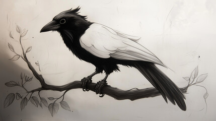 Fototapeta premium a botanical drawing of a crow on a branch with its back towards the viewer