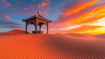 Naklejka premium Desert gazebo at sunset with vibrant sky.