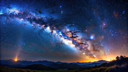 Astronomical event scene with Milky Way stretching across a dark blue sky