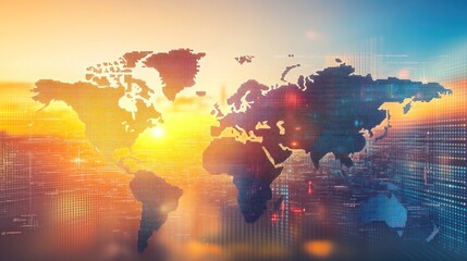 Obraz premium Global Network Sunrise: A World Map Over Cityscape