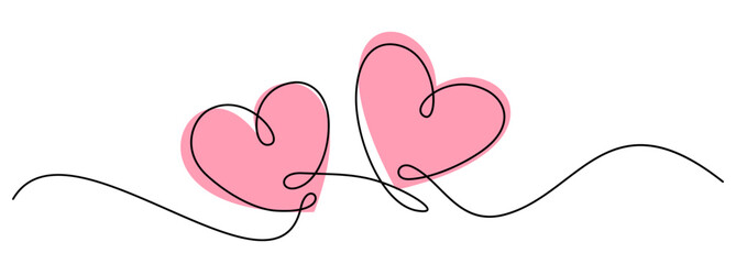 Two pink hearts connected with flowing black line art, symbolizing love and unity. Vector illustration for romantic themes.