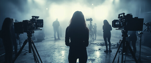 Fototapeta premium A cinematic movie scene with a film crew and cameras in the studio on the set of a professional production.