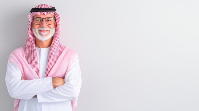 Elderly middle eastern man smiling in traditional attire, standing with arms crossed