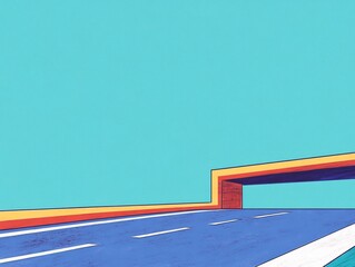 Vibrant Road Illustration: A Boldly Colored Highway Underpass Against a Teal Sky. AI Generated