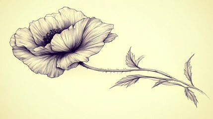 Delicate Poppy Flower Sketch With Stem and Leaves
