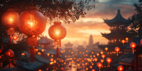Chinese lanterns on the street in the old town of China at sunset. Chinese Lantern festival. Chinese New Year Lantern