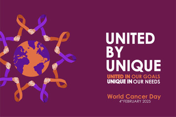 United by Unique - World Cancer Day 4th February 2025 Banner Design with Shaking Hand Ribbon Holding World Illustration. World Cancer Day  2025 Background Template. Vector Illustration.