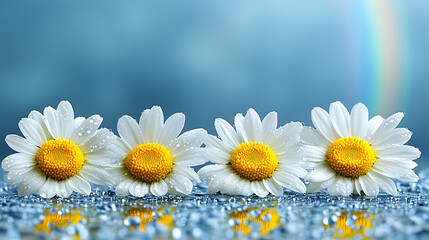 Obraz premium Four daisies in a row sit on a reflective surface, with a blurred blue background and a partial rainbow.