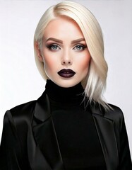 a woman with blonde hair with black lipstick and black clothes in a portrait pose