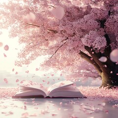 A serene scene of a blooming cherry blossom tree with an open book beneath.