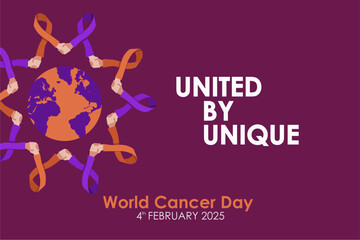 United by Unique - World Cancer Day 4th February 2025 Banner Design, Background, Poster, Greeting, Template.  Annual World Cancer Day Vector Illustration. 