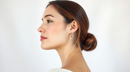 Fototapeta premium Portrait of beautiful female model from right side on blurred white background with pearlescent bokeh, skin care, body care, beauty salon