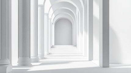 White classical hallway with columns and arches.