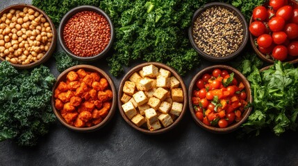 Vegan Salad Ingredients: Tofu, Chickpeas, Quinoa, Kale, and Cherry Tomatoes