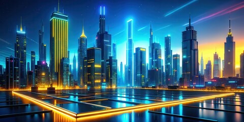 Fototapeta premium A futuristic cityscape with a bright blue neon glow and vibrant yellow highlights at dusk