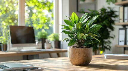 Potted plant in sunlit modern office with computer and shelves
