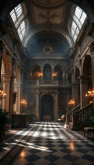 Fototapeta premium Elegant Grand Hall with Sunlight Streaming Through Arched Windows and Checkerboard Floor