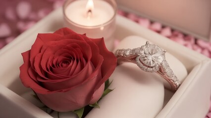 Romantic Proposal Scene with Engagement Ring, Rose Petals, and Candlelight on Valentine’s Day