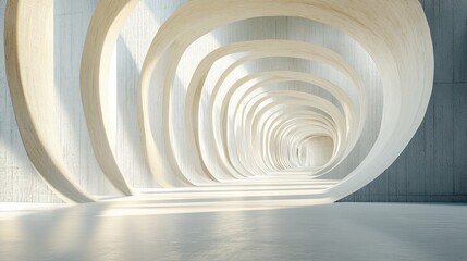 Abstract architectural tunnel with concentric circles, sunlight illuminating the path.