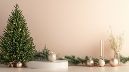 Minimalist Christmas scene with decorated tree, ornaments, and podium.