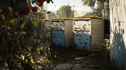 Obraz premium Busy beehives in a backyard garden with fallen honeycombs