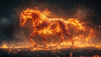 Fiery horse galloping through blaze with flames and sparks in dynamic motion