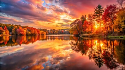 Fototapeta premium A warm orange-red sunset with a hint of purple, reflected in a calm lake, surrounded by tall trees with golden leaves, red, lake, red