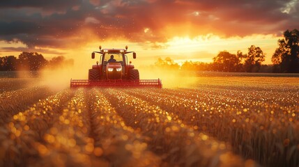 Fototapeta premium Sunset Harvest: Tractor in the Field