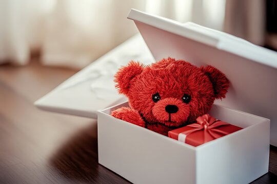 Elegant photo of a red teddy bear peeking out of a white gift box, capturing a surprise or gift-giving moment.