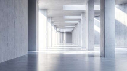 Sunlit modern concrete hallway with columns. (1)