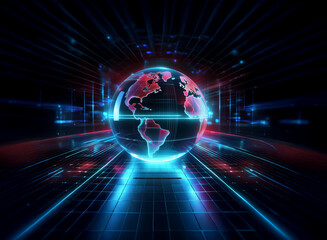 Obraz premium A translucent glass globe, glowing with vibrant red and blue light, floats above a futuristic digital landscape. Surrounding it are streaks of light and data streams, suggesting global connectivity a