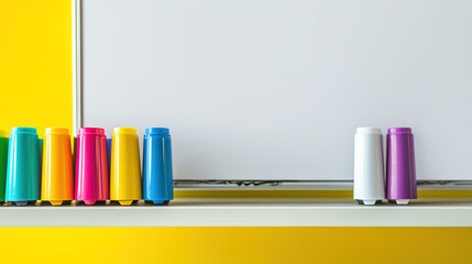 Fototapeta premium Close-Up of Whiteboard Markers on a Shelf with Blank Yellow and White Board in Background, Perfect for Education and Creative Concepts