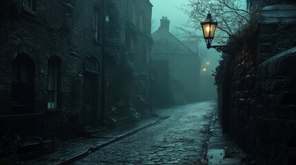 Night street of a European city with aristocratic architecture during WWII.