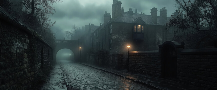 Night street of a European city with aristocratic architecture during WWII.