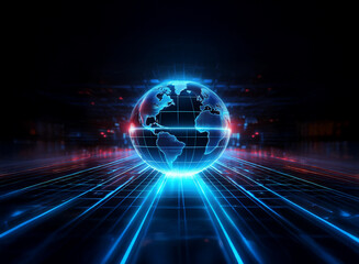 Obraz premium A glowing digital globe hovers above a futuristic, gridded highway of light streaks, symbolizing global connectivity and technological advancement.