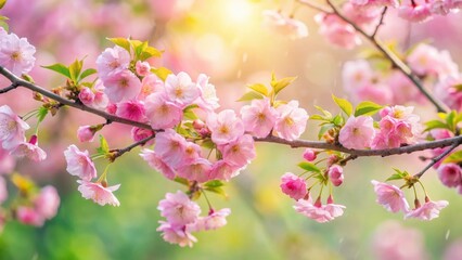 Pastel pink cherry blossom tree branches in a soft focus, surrounded by delicate green leaves and gentle morning dew, creating a serene and peaceful atmosphere , pastel colors, cherry blossoms