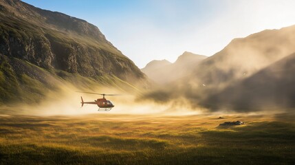 Fototapeta premium A Helicopter Flying Over a Grassy Field With Mountains in the Background - Generative AI
