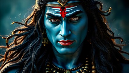 Lord Shiva with an intense gaze, blue skin tone, long, wavy black hair flowing and adorned with multiple necklaces and armlets