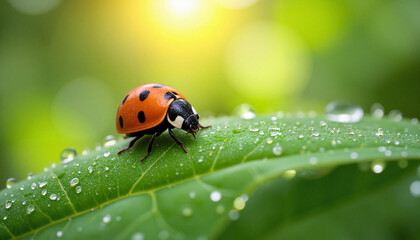 Obraz premium Ladybug exploring dewy leaf in soft morning light, nature's beauty
