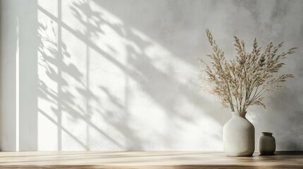 A ceramic vase with pampas grass and soft shadows on a white wall in natural sunlight