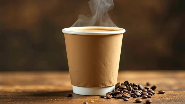 Paper cup of coffee on dark background. Brown paper biodegradable disposable cup on a wooden table of cafe. Tea or coffee to take away. Copy space mockup for logo design or text