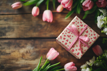 Mother's Day gift box, pink hearts, wooden backdrop, copy space