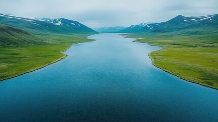 Glacial lake amidst green valley, snow-capped mountains.