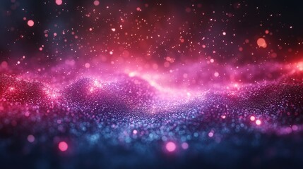 Glittering particle wave, pink & blue, dark background, digital art.