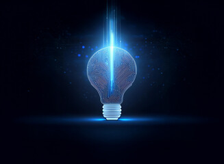 A glowing lightbulb, resembling a brain, is illuminated by a beam of light from above.  It symbolizes innovative thinking and technological advancement.