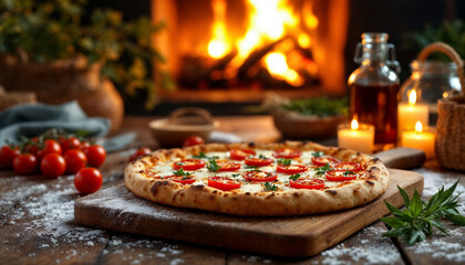 Freshly baked pizza with tomatoes and herbs near a cozy fireplace during a relaxed evening gathering