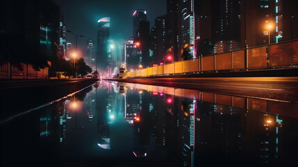 Fototapeta premium Night city street reflection, urban landscape, wet asphalt, neon lights, construction, background cityscape, advertising
