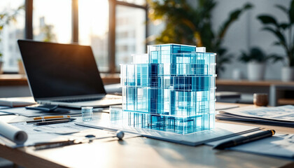 3D architectural model on a desk in a modern office with natural light